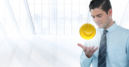 Digital composite of Business man with hand open and emoji with flare against white windowの写真素材