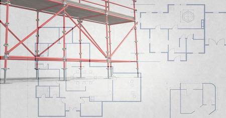 Digital composite of 3D red scaffolding with soft grey and blueprint backgroundの写真素材