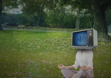 Digital composite of Woman doing yoga. tv head.の写真素材
