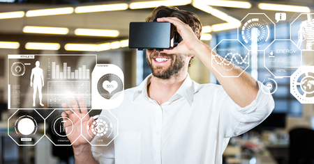 Digital composite of Man wearing VR Fitness Virtual Reality Headset with Interface