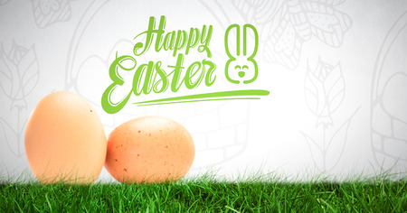 Digital composite of Happy Easter text with Eggs in front of pattern