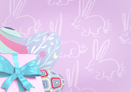 Digital composite of pink gift and purple eggs against purple easter patternの写真素材