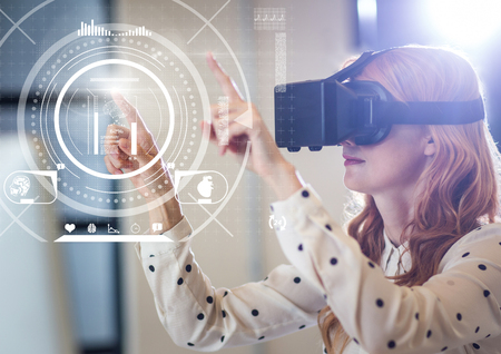 Digital composite of Woman wearing VR Virtual Reality Headset with Health Fitness Interface
