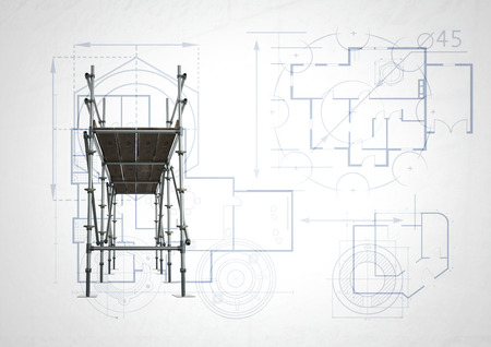 Digital composite of front of 3D scaffolding with white and blueprint backgroundの写真素材