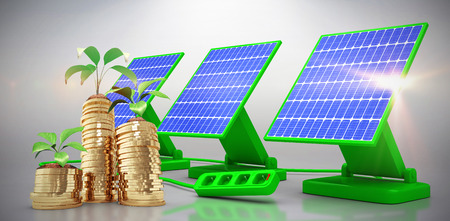 Digital composite of 3d solar panel against graphic backgroundの写真素材
