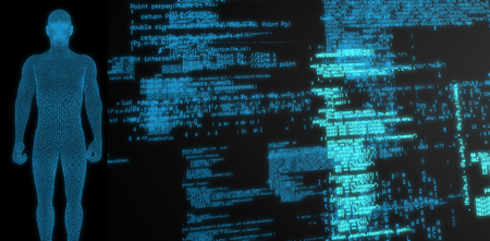 digital composite pixelated 3d man against composite image of binary codesの写真素材