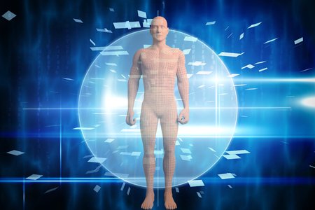 Full length of brown 3d man against blue technology design with circleの写真素材