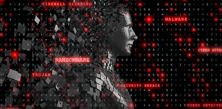 Profile view of digital black pixelated 3d male against virus background