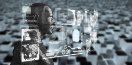 Profile view of digital black 3D man against high angle view of digital blocks