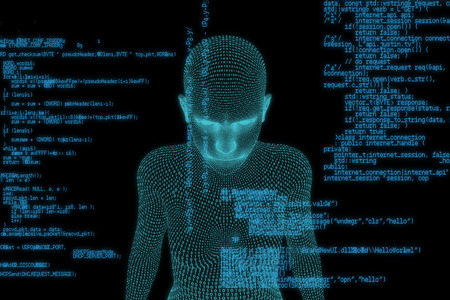 Close-up of digital 3d woman against blue programme