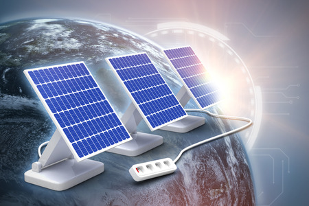 Digital composite of 3d solar panel against graphic backgroundの写真素材