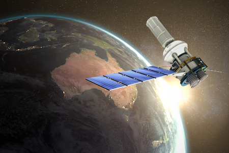 3d image of modern solar satellite against aerial view of the earthの写真素材