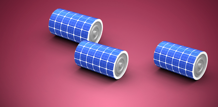 High angle view of 3d solar power battery against red and white backgroundの写真素材