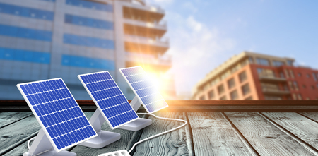 Digital composite of 3d solar panel against graphic backgroundの写真素材