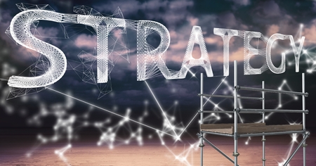 Digital composite of Strategy Text with 3D Scaffolding and skyの写真素材