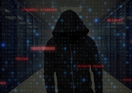Digital composite of Black jumper hacker with out face hacking  a interface