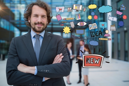 Digital composite of Composite image of businessman and drawingsの写真素材