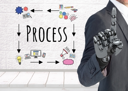 Digital composite of  businessman hand pointingProcess text with drawings graphics