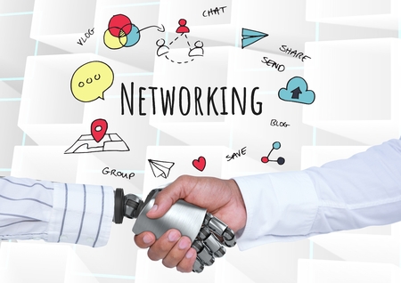 Digital composite of handshake businessman and Networking text with drawings graphicsの写真素材
