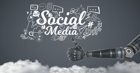 Digital composite of Android hand thumbs up with social media graphics drawingsの写真素材