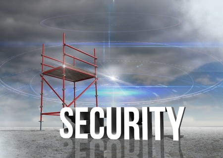 Digital composite of Security Text with 3D Scaffolding and cloudy sky