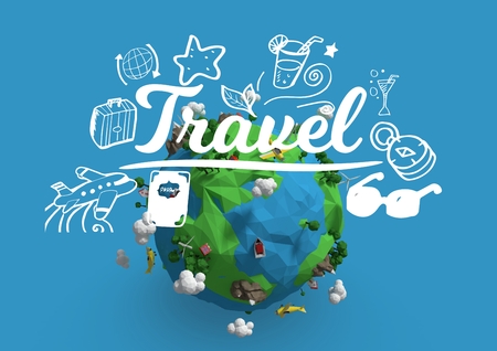 Digital composite of Composite image of earth in 3d with travel drawingsの写真素材