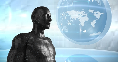 Digital composite of 3D black male AI against globe and flares