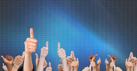 Digital composite of Thumbs up technological backgroundの写真素材