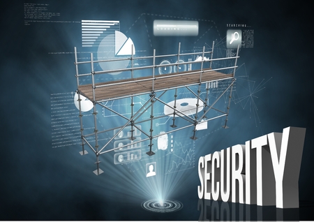 Digital composite of Security Text with 3D Scaffolding and technology interfaceの写真素材
