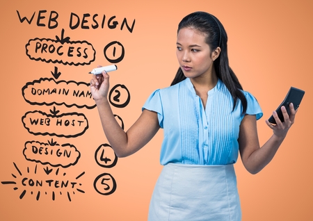 Digital composite of Business woman with marker and phone against website mock up and orange backgroundの写真素材