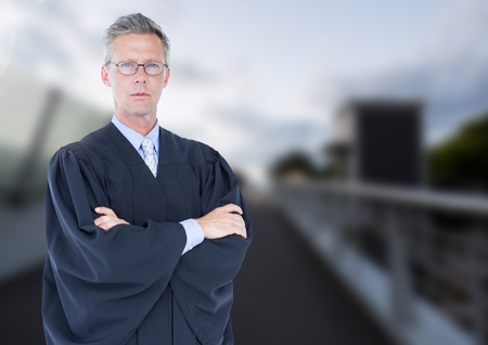 Digital composite of Judge in front of bridge