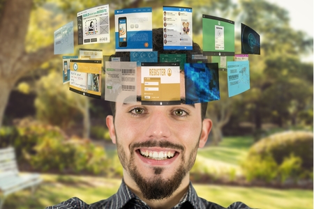 Digital composite of Composite image of man and websites pages outdoorの写真素材