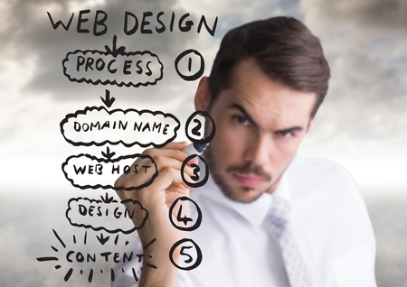 Digital composite of Business man with marker and website mock up against cloudy skyの写真素材