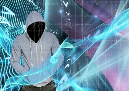Digital composite of Grey jumper hacker with out face with his hands on his pockets, blue and pink...