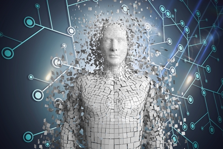 Digital composite of 3D white male AI against blue network with flares
