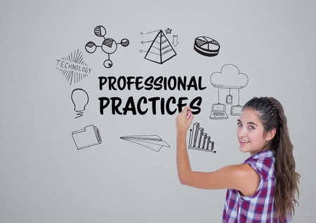 Digital composite of Young woman writing the graphic about professional practice on the wallの写真素材
