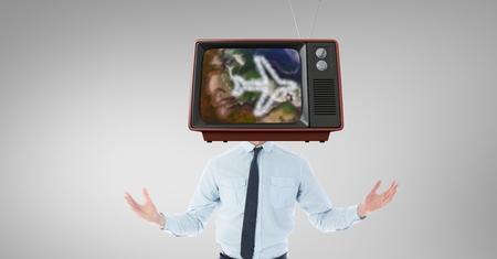 Digital composite of TV on businessman's head with travel conceptの写真素材