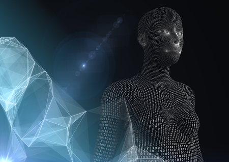 Digital composite of 3D female shaped binary code against dark background with digital cloud