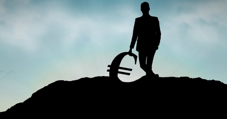 Digital composite of Businessman leaning on euro sign against skyの写真素材