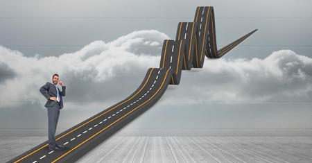 Digital composite of Digitally generated image of confused businessman on wavy road in skyの写真素材