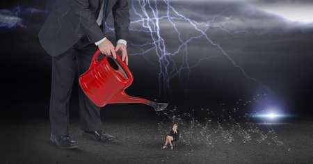 Digital composite of Digital composite image of businessman watering employee during thunder stormの写真素材