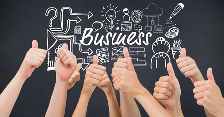 Digital composite of Hands showing thumbs up with business text surrounded by iconの写真素材
