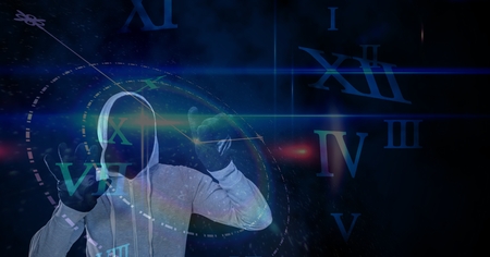 Digital composite of Digital composite image of hacker touching screenの写真素材