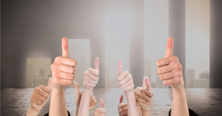 Digital composite of Digital composite image of hands gesturing thumbs upの写真素材