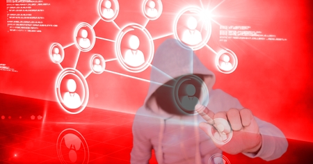 Digital composite of Digital composite image of hacker touching human shape on screen