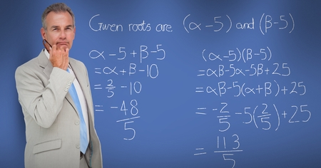 Digital composite of Thoughtful businessman standing by math equation