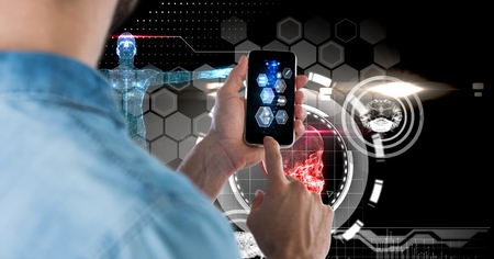 Digital composite of Digital composite image of man using smart phone with tech graphics in...
