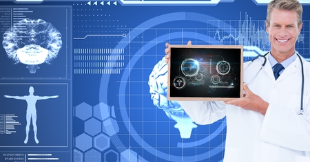 Digital composite of Digital composite image of male doctor showing digital tablet against interface graphicsの写真素材