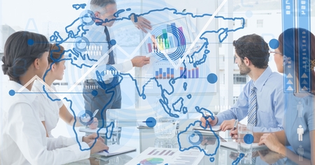 Digital composite of Digital composite image of world map with business people in background