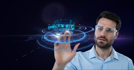 Digital composite of Digital composite image of businessman wearing goggles touching futuristic screenの写真素材